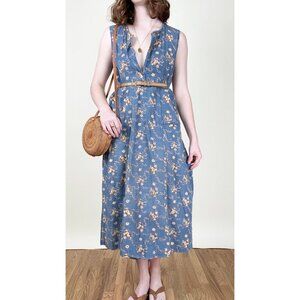 Vintage Floral Corduroy Midi Maxi Dress Cottagecore Rustic Boho Prairie Western